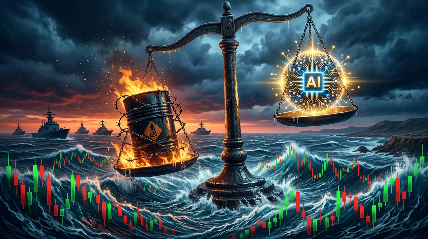 今日市场情绪插图:AI神经网络光球与燃烧油桶在动荡的K线海洋中博弈,背景是霍尔木兹海峡的军舰剪影